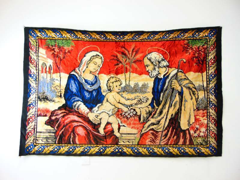 Vintage Italian Tapestry of the Holy Family Mary Jesus Joseph Rug Wall Hanging 