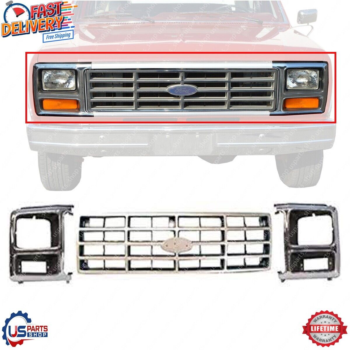Front Grille + Headlight Bezel Trim Fits 1982-1986 Ford F-150 F-250 F-350 Bronco