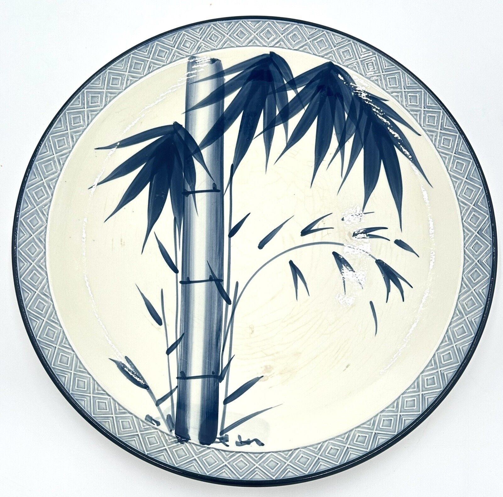 Japanese Porcelain Charger Large 14.5” Blue White Vintage Antique Bamboo W/ Mark