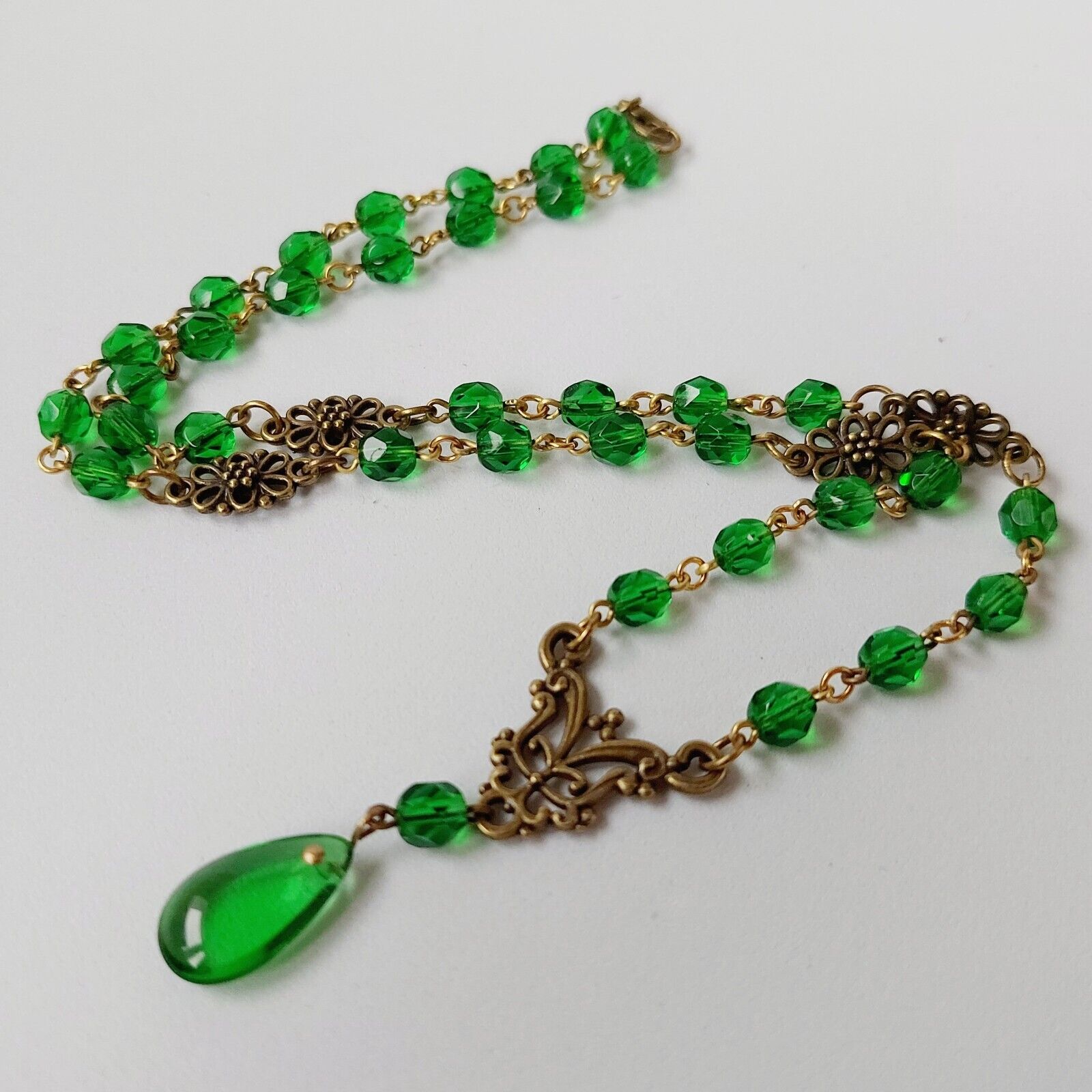 Vintage Necklace 20'' Green Czech Glass Beads Vintage Women`s Jewelry Art Deco