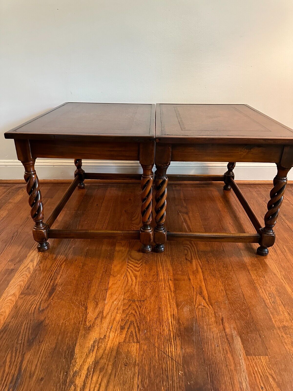 Theodore Alexander Barley Open Twist Legs Tooled Leather End Tables