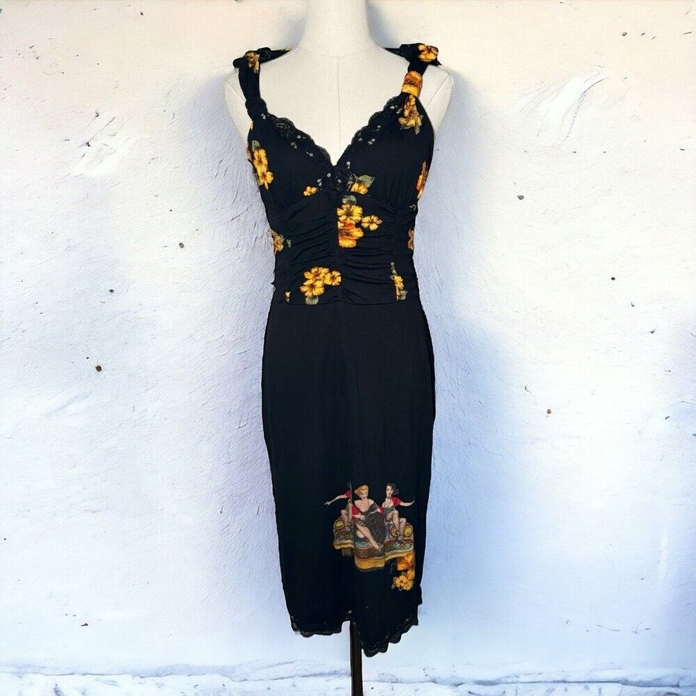 Vintage pin up tropical Hawaii 50s corset dress midi L