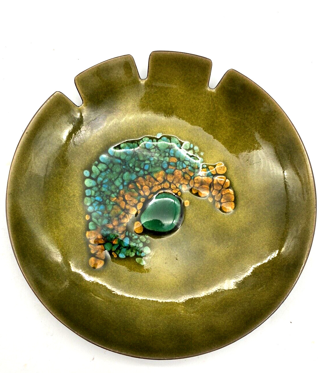 Enamel On Copper Bovano Ashtray Vintage Mid Century Handcrafted Green Teal 6\