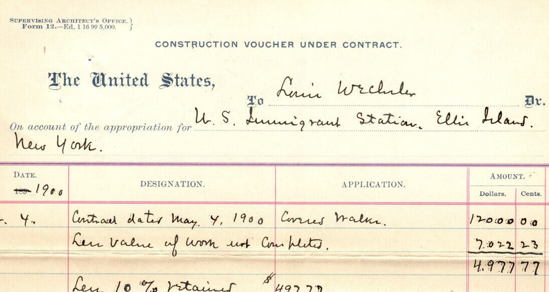 Ellis Island New York Architect 1900 Construction Document Voucher Contract