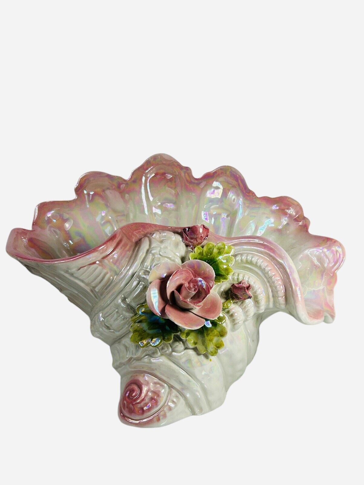 Vintage Capodimonte Large Porcelain Shell Rose Decor | Vase Made In Italy