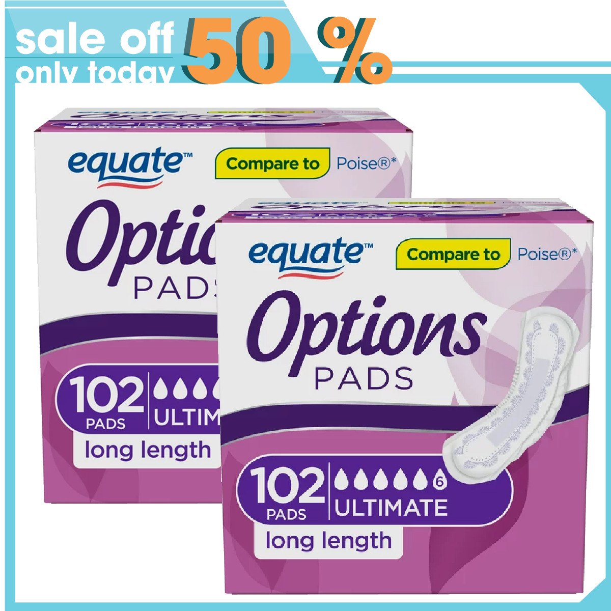 Equate Options Women's Ultimate-Long Incontinence Pads, 204 Count
