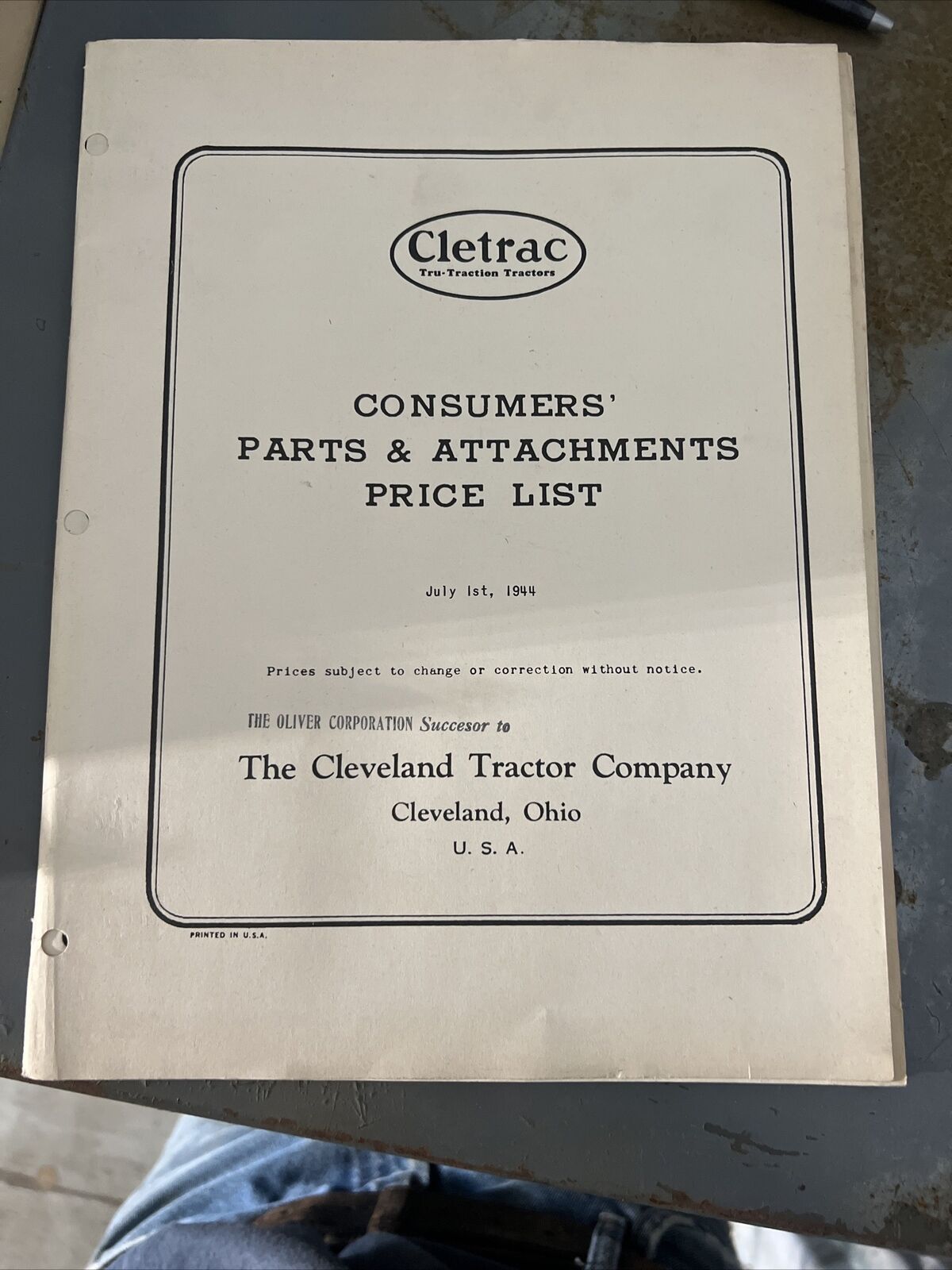 Cletrac Consumers Parts & Attachments Price List