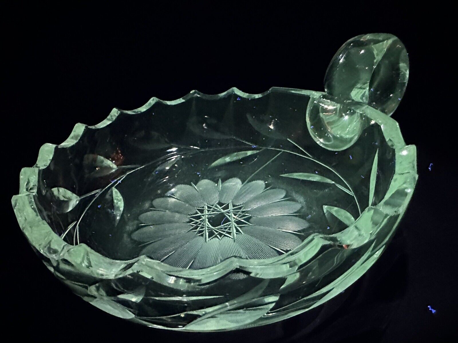 Vintage ABPG Brilliant Cut & Etched Manganese Glass Nappy Candy Dish With Handle