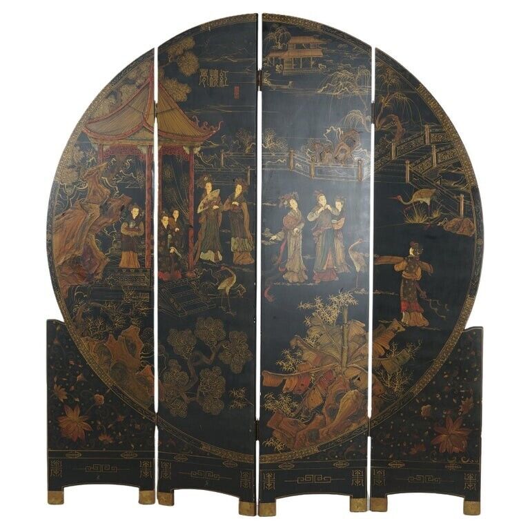 Antique Japanese Ebonized Chinoiserie Decorated Four-Panel Circular Screen C1920