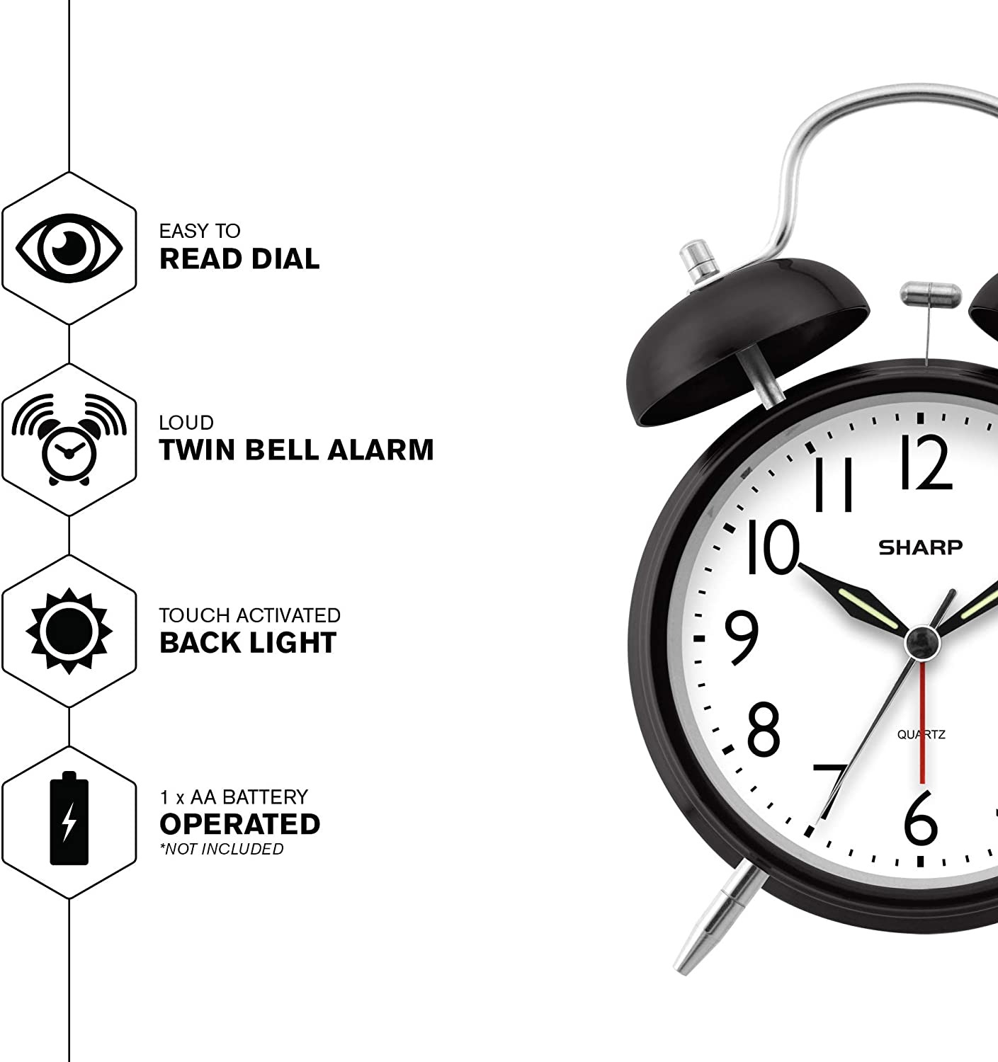 Analog Twin Bell Alarm Clock Quartz Black Backlight LOUD Wake Old Fashioned