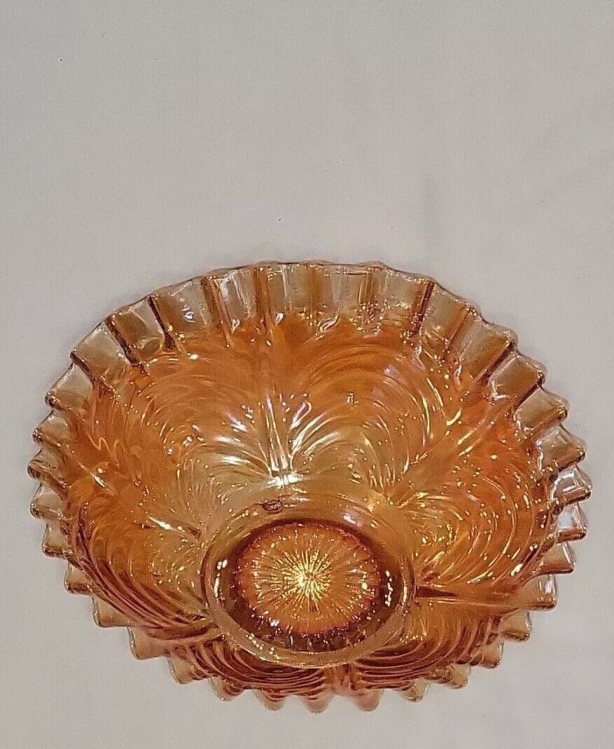 Vintage Peacock Tail Iridescent Marigold Carnival Glass Bowl Ruffled Edge Fenton