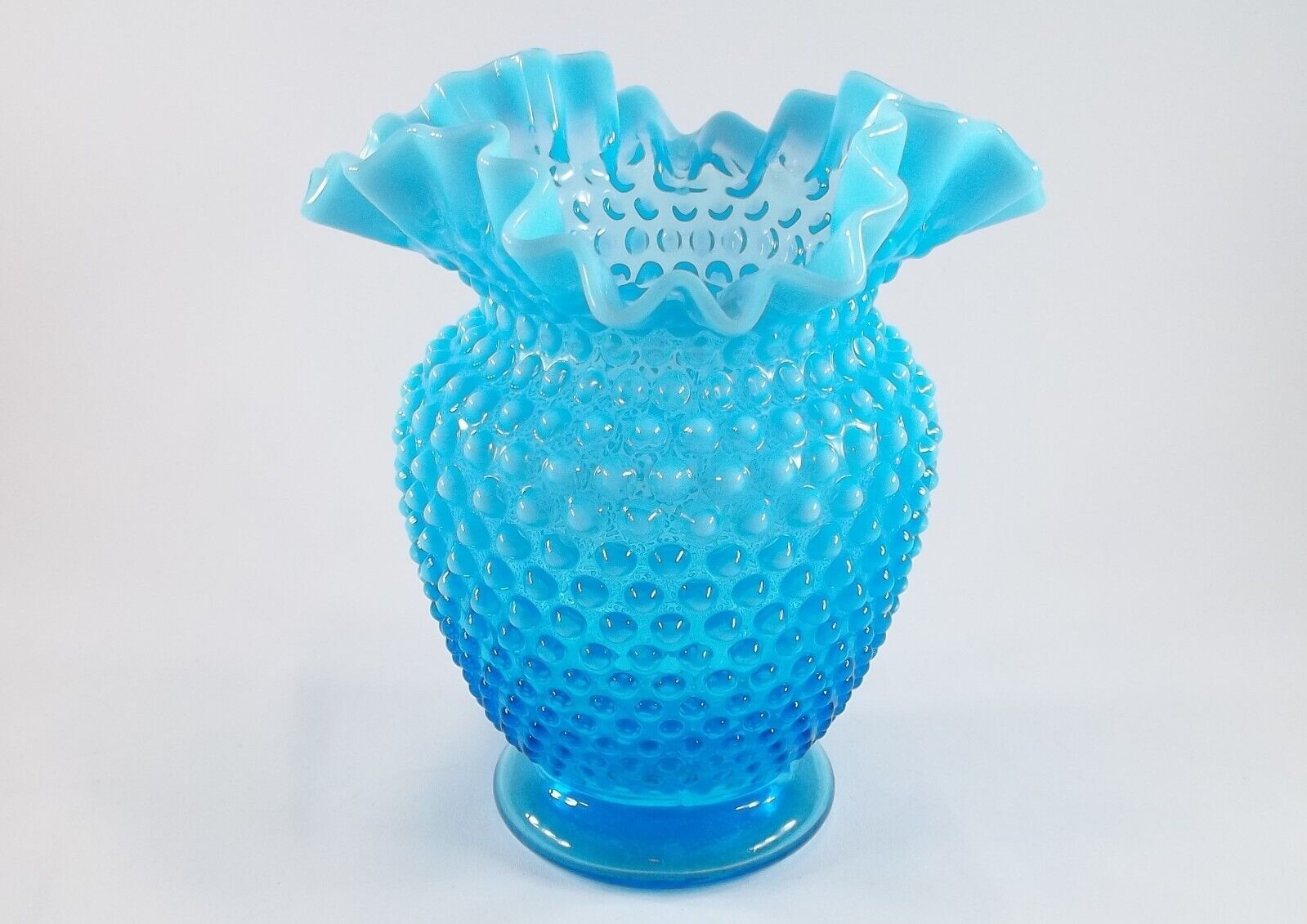 Vintage Fenton Hombre Blue Opalescent Hobnail Vase With Ruffled Rim, 6\