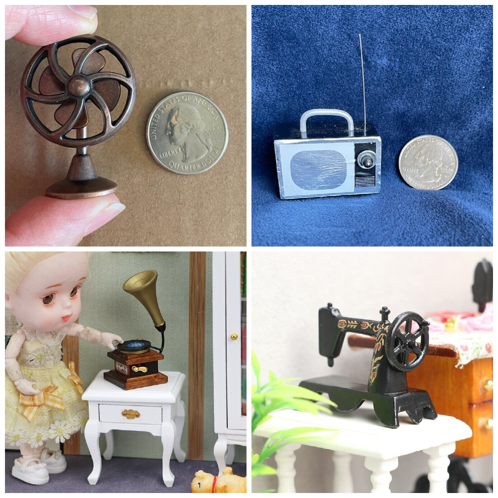 (Bundle 4)  1:12 Dollhouse Accessories Antenna TV Electric Fan Phonograph