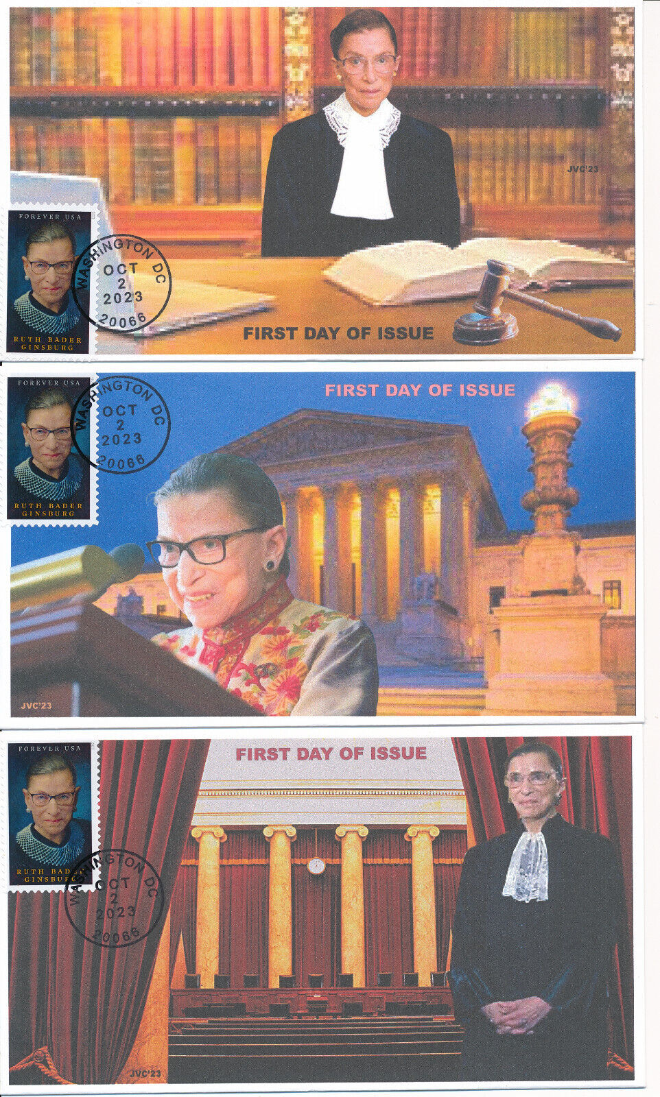 JVC CACHETS - 2023 RUTH BADER GINSBURG FIRST DAY COVER FDC L.E.  20 EA. SET OF 3