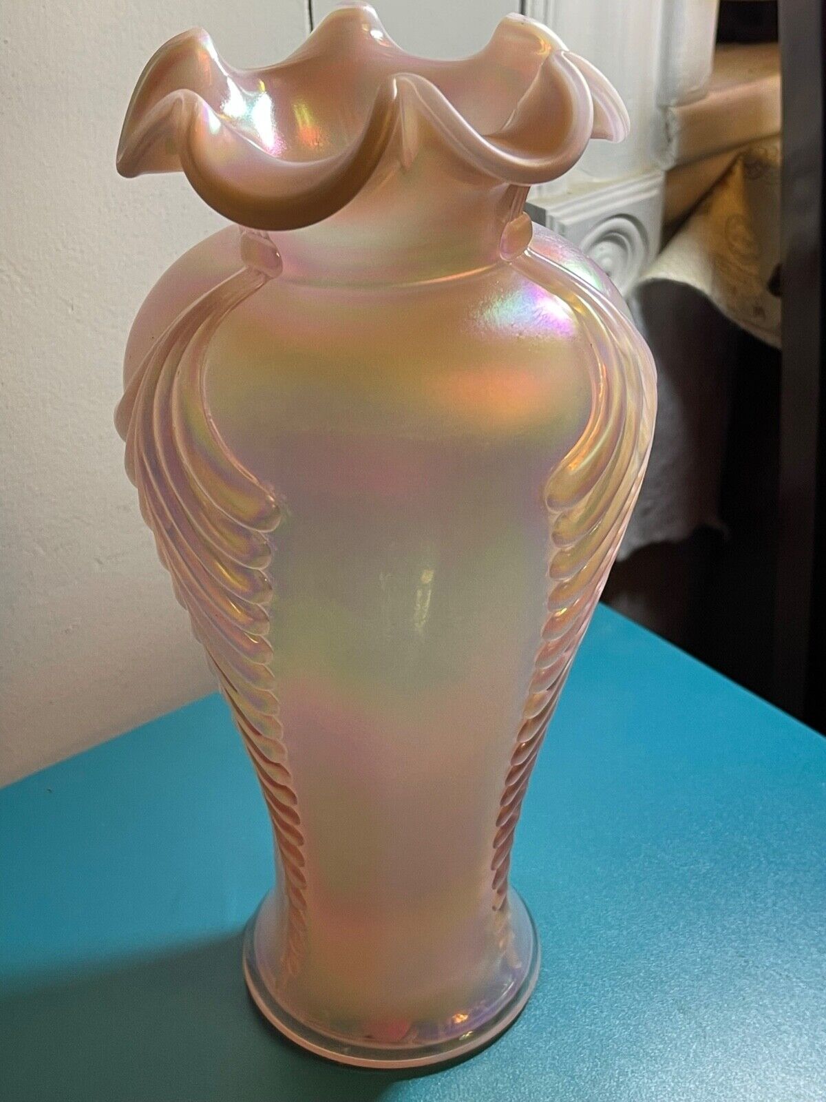 Fenton Opal Iridized Feather Vase 11\