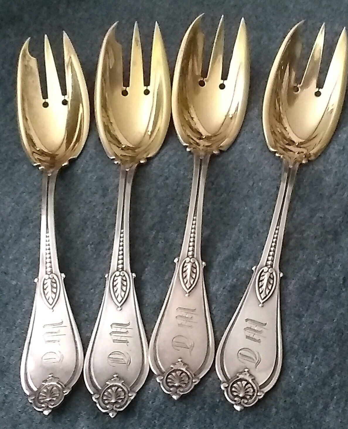 4 Beautiful Antique Sterling Oyster Forks Gold Wash Bowl & Tines Pat Appl For 