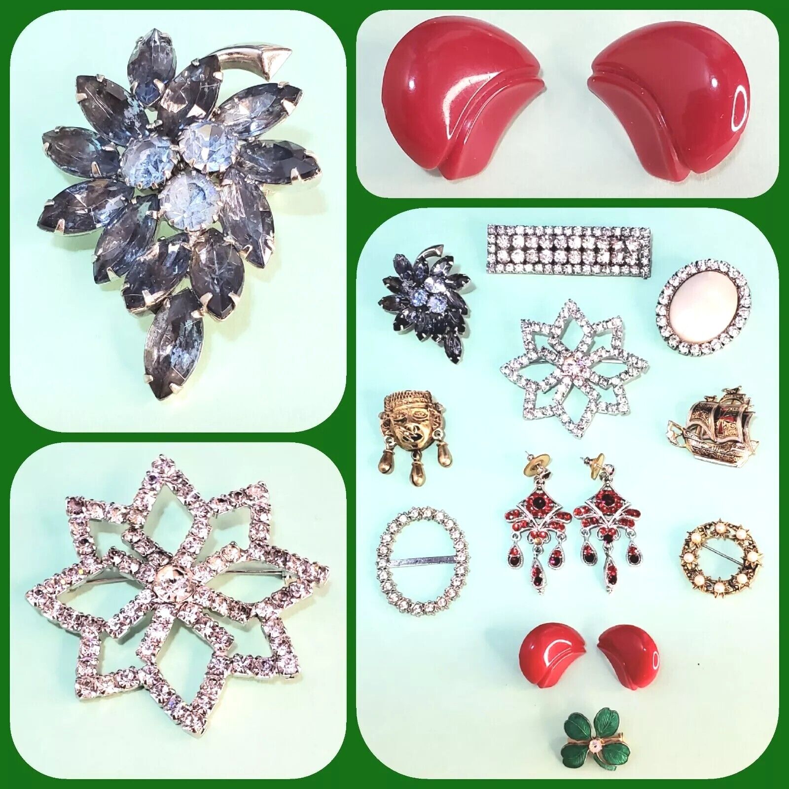Vintage Jewelry 9 Pins/Brooches +2 Pr Earrings Rhinestones Bakelite Mexico Spain