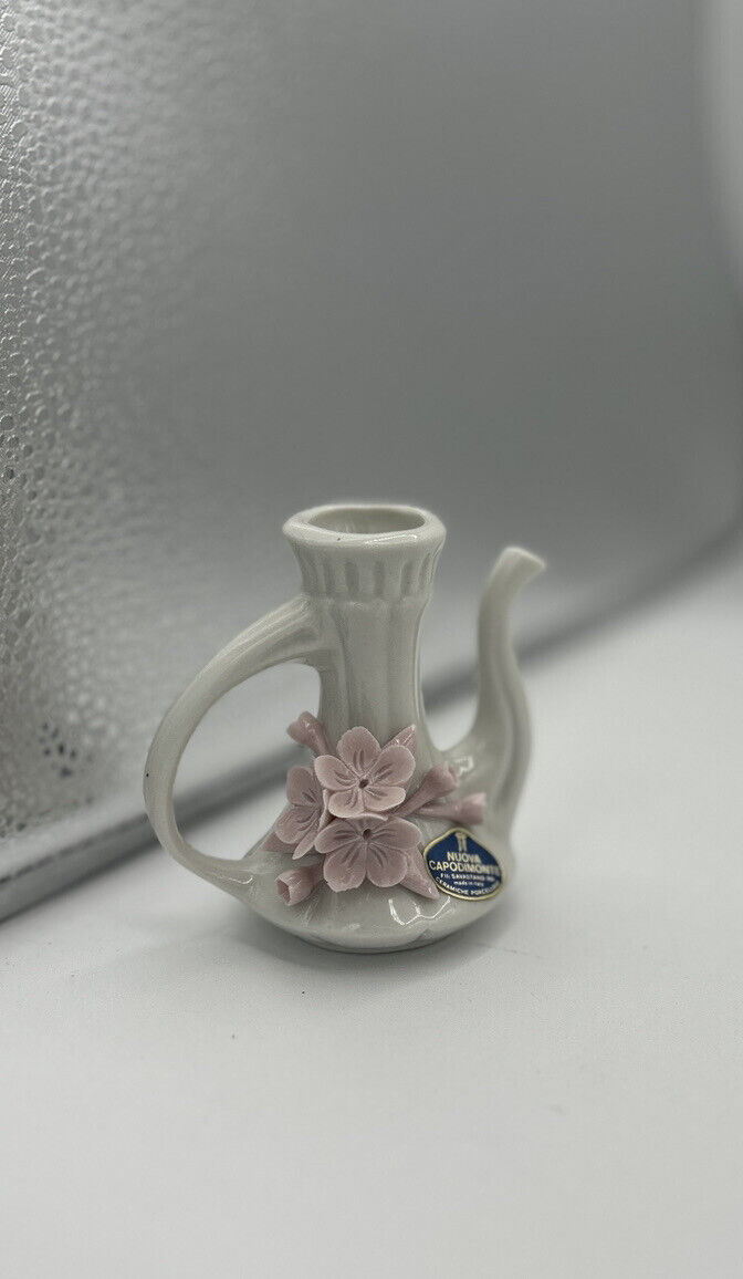 NUOVA CAPODIMONTE Vtg. Italian Small Porcelain Creamer Ornate Raised Flower 3”