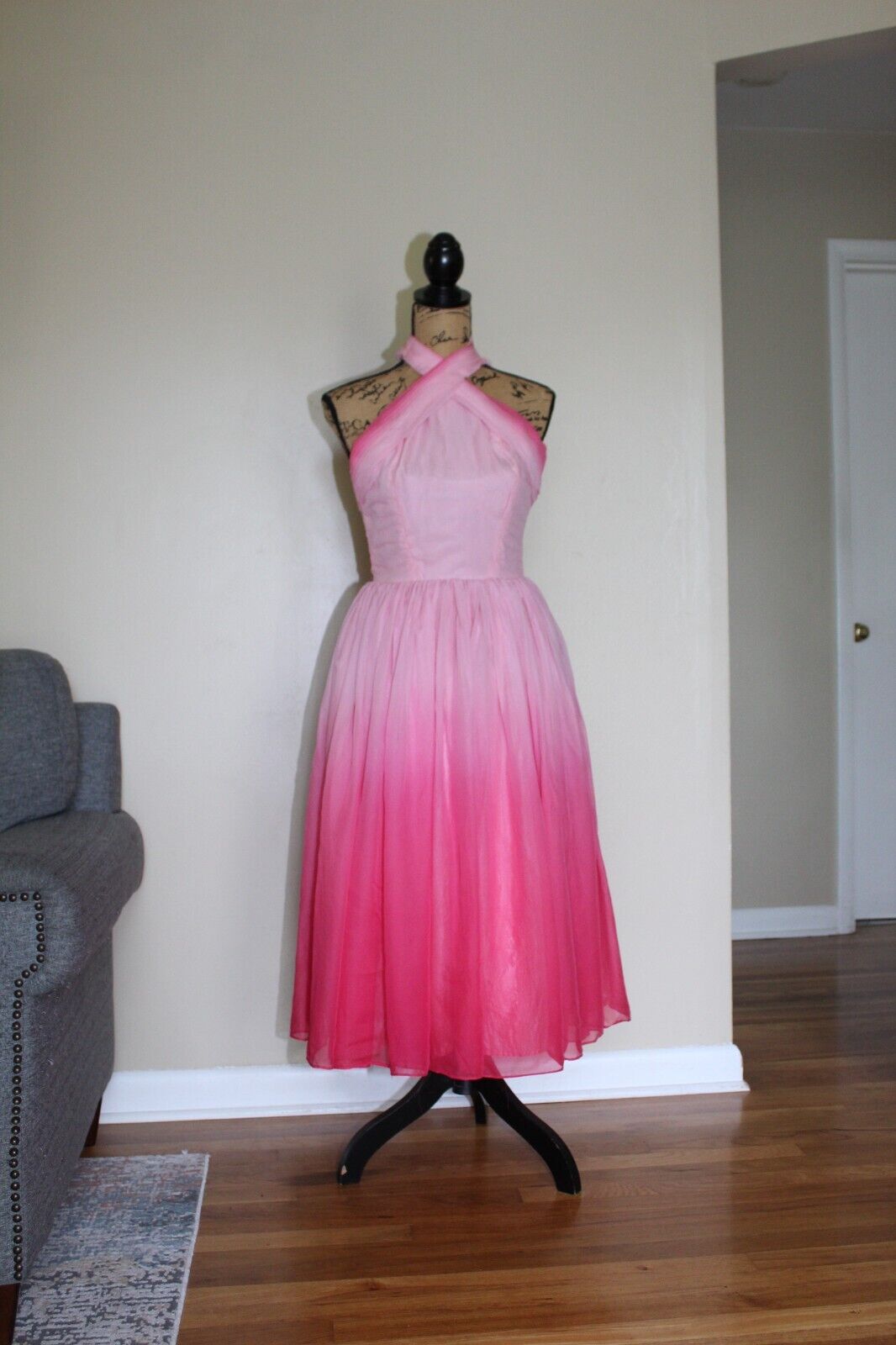 Vintage 1950s Pink Ombre Chiffon Sleeveless Formal Party Prom Dress Women\'s XS/S
