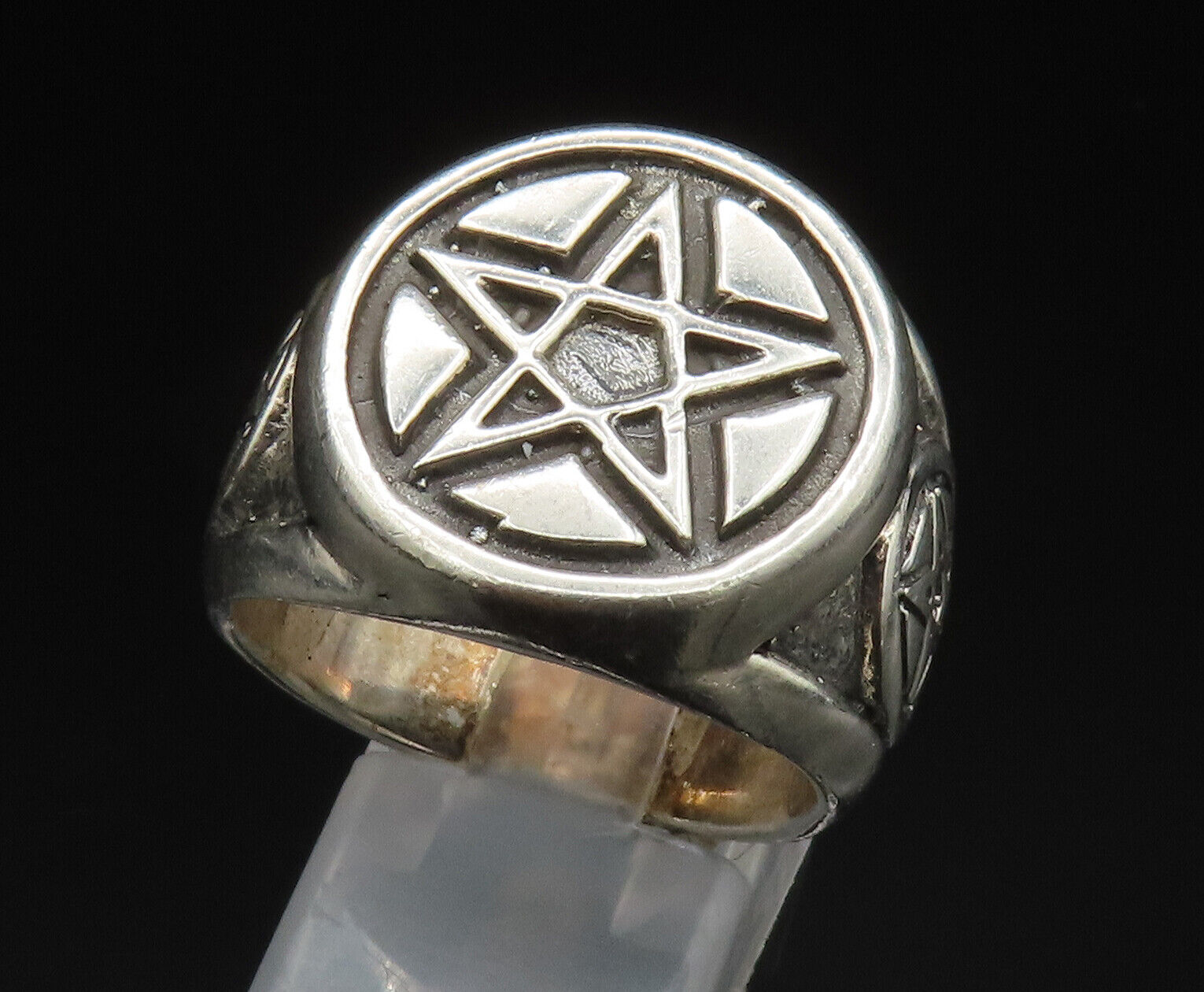 925 Silver - Vintage Carved Masonic Pentagram Signet Ring Sz 10 - RG24983