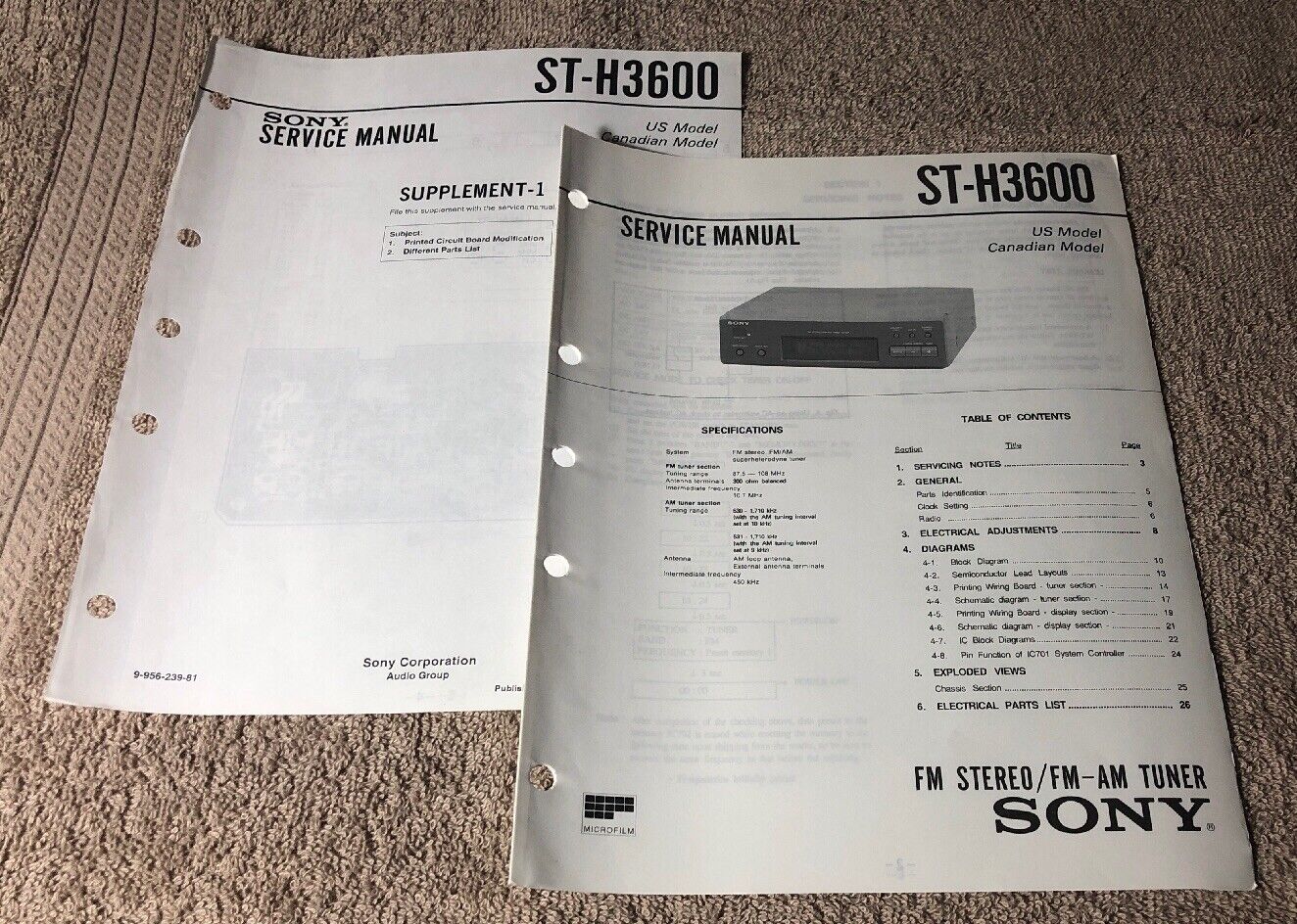 SONY ST-H3600 TUNER ORIGINAL SERVICE MANUAL SCHEMATIC WITH SUPPLEMENT M736x