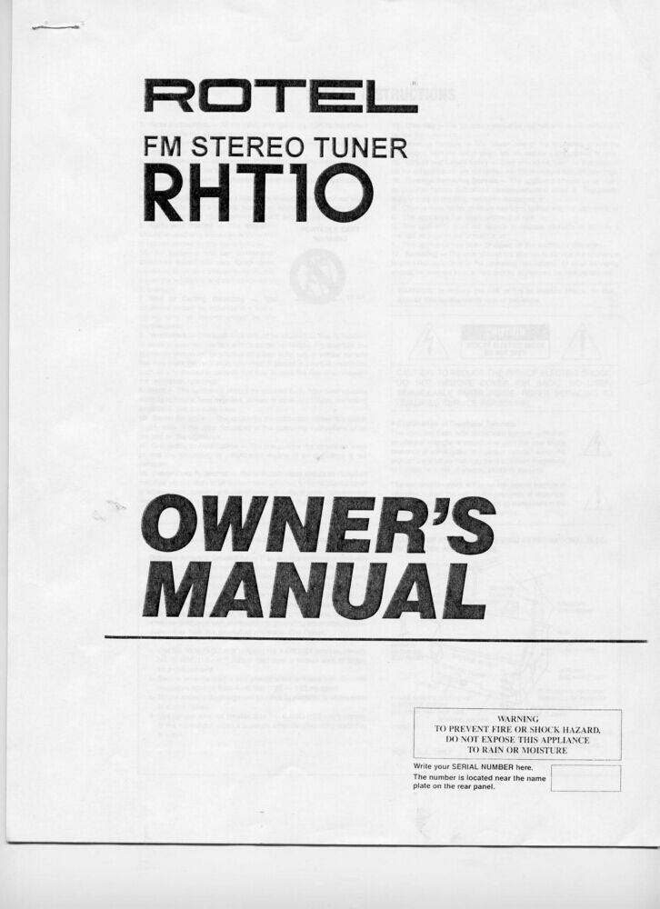 Rotel RHT-10 Tuner Owners Manual