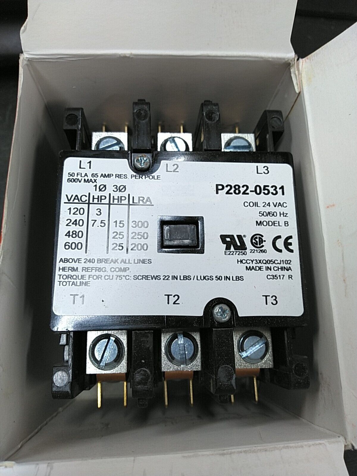 Totaline P282-0531 Definite Purpose Contactor 3-Pole 24VAC Coil 50 Amp