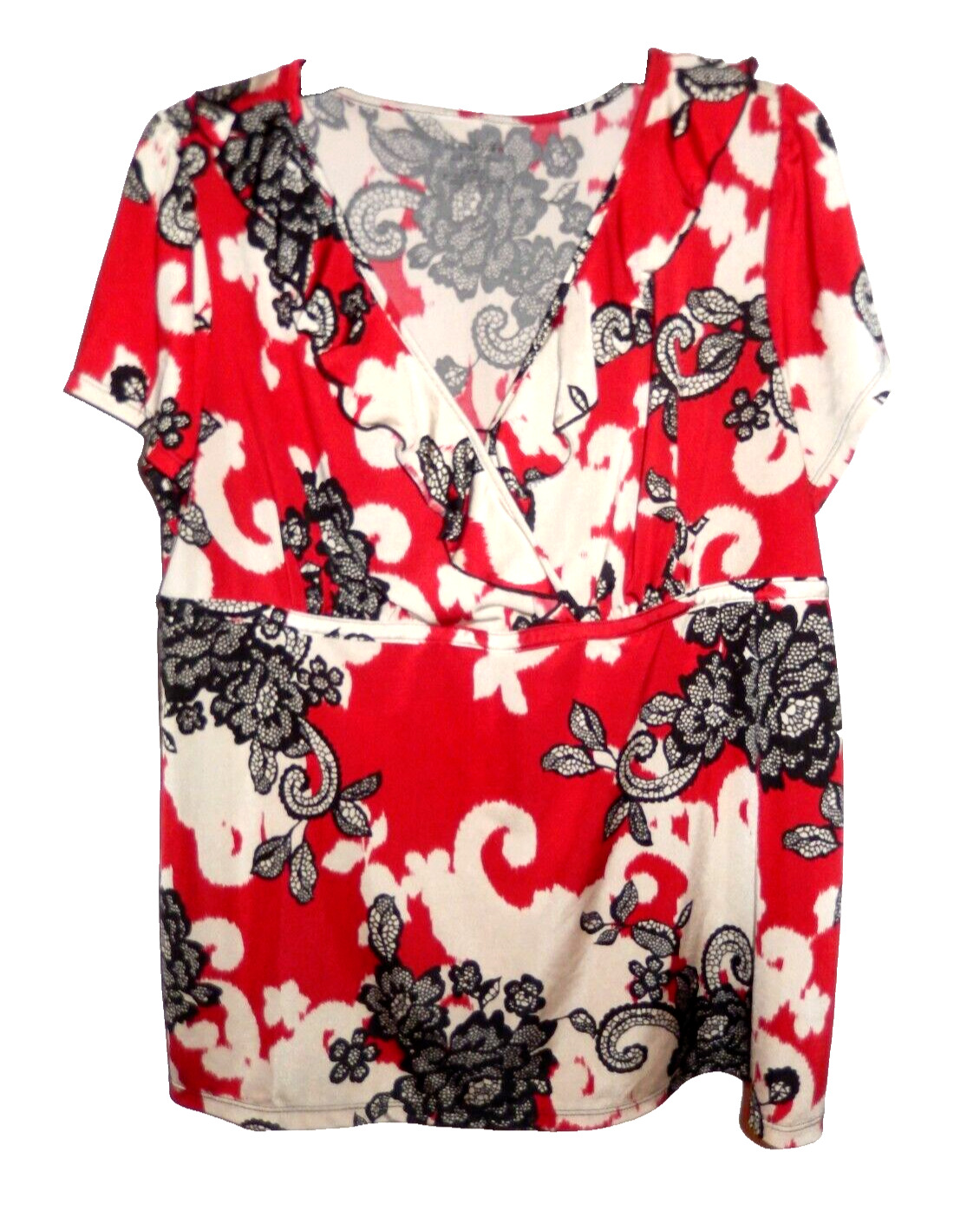 Lane Bryant Women\'s 14/16 Knit Blouse Top SS Floral Print Pullover Red & White