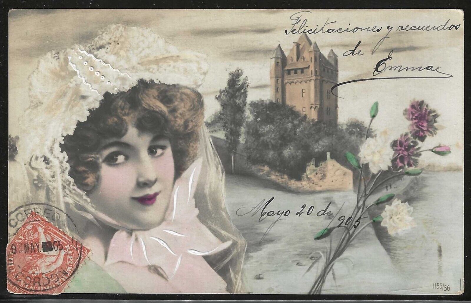 Uruguay, Scott #157 Used on 1905 Hand Colored Postcard of a Woman and Castle