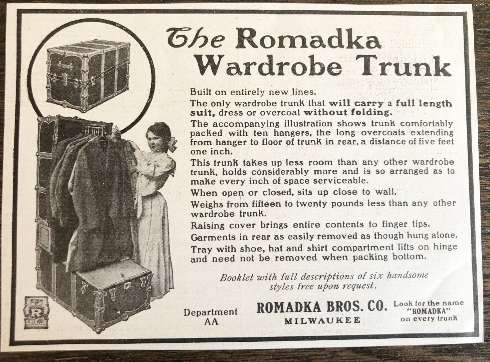 Antique 1905 ROMADKA WARDROBE TRUNK Vtg Print Ad~Train Travel Suitcase Milwaukee