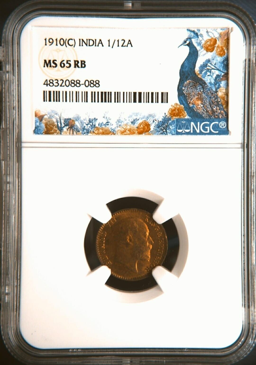 1910(C) 1/12 Anna Edward VII British India - NGC Graded MS 65 RB