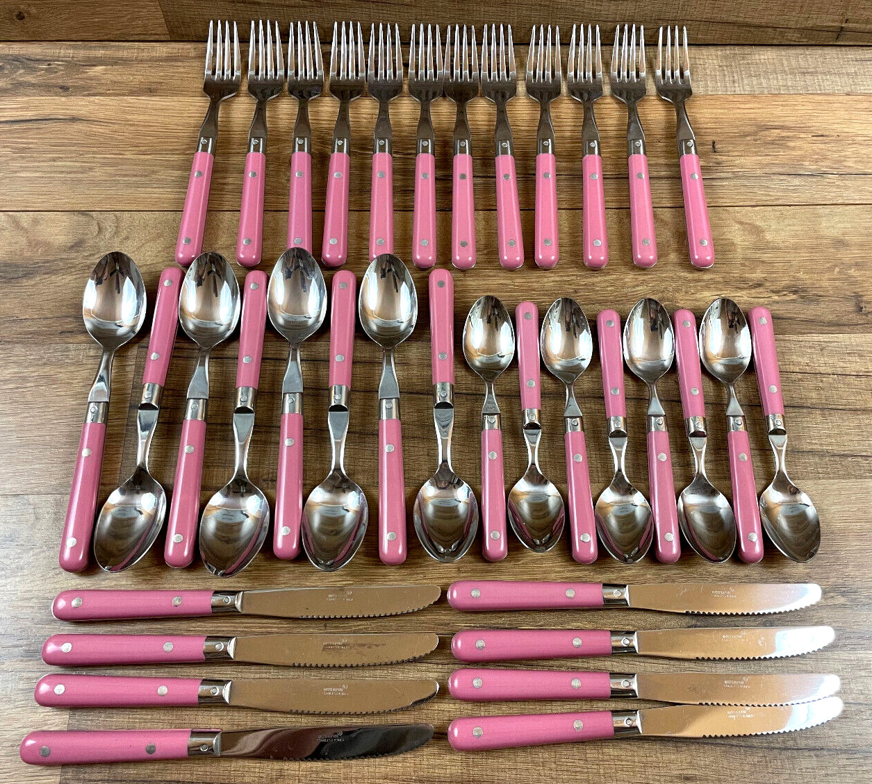 Vintage Interpur Stainless Pink Handle Flatware Set 36 Pc Service for 8 MCM