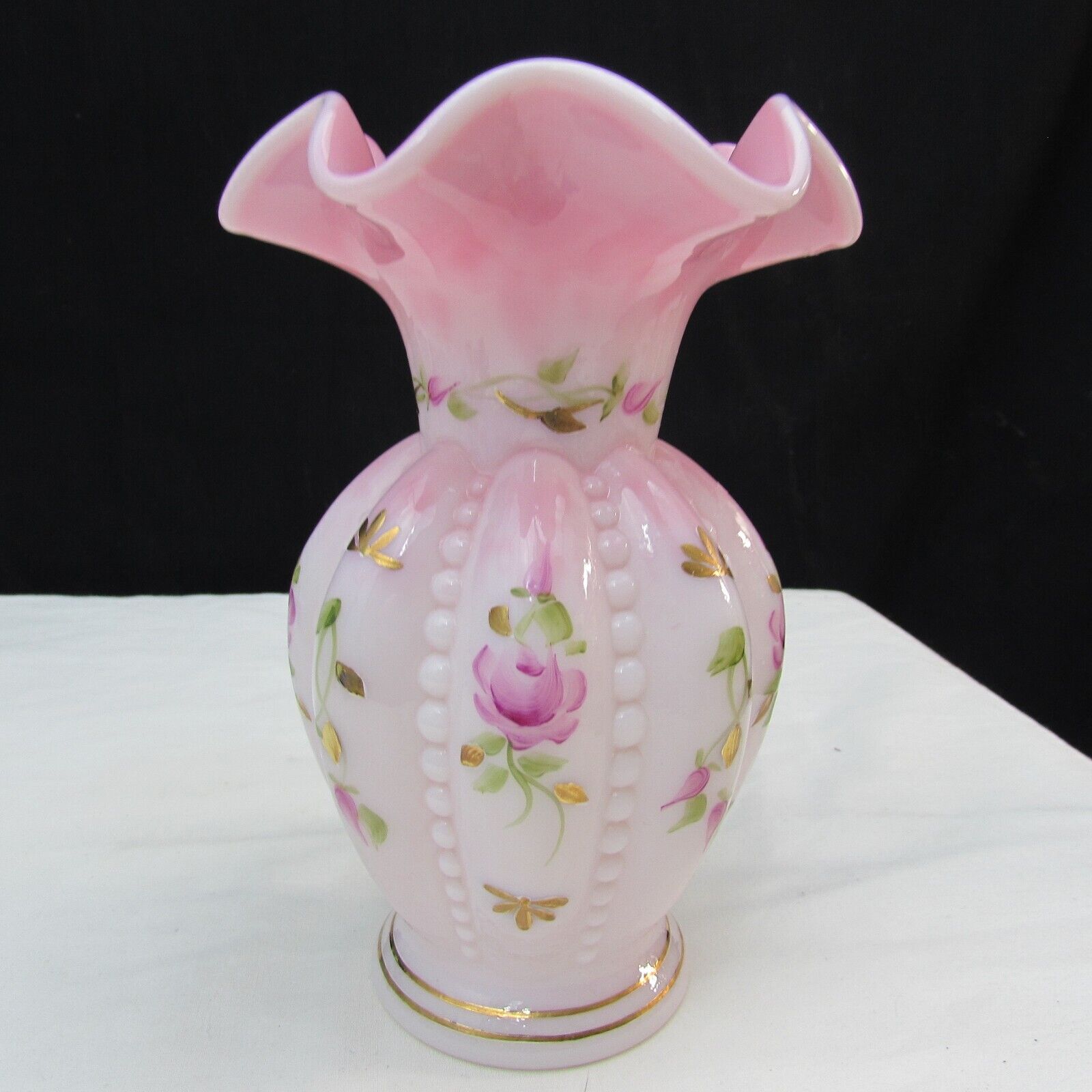 Fenton Rosalene SAMPLE Charleton Hand Painted Beaded Melon Vase 2002 W72