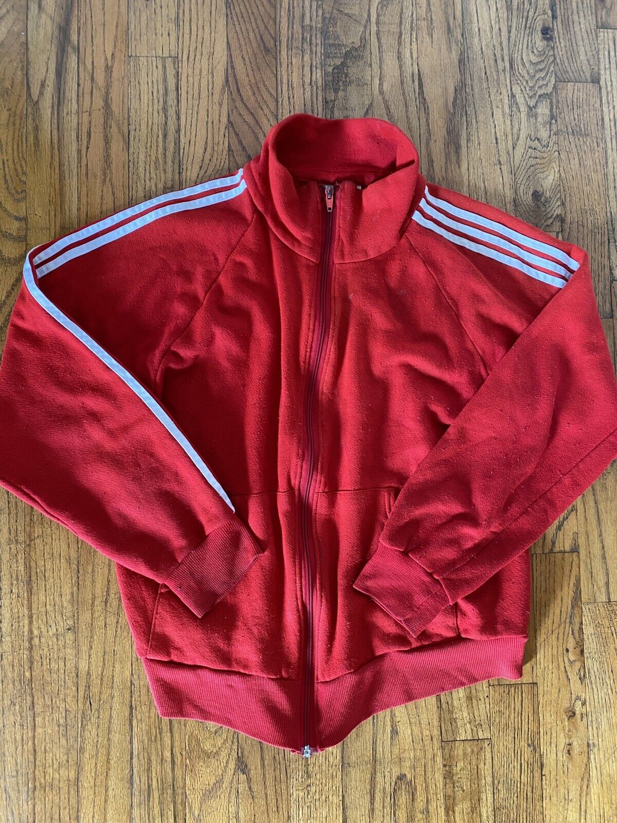 Vintage Red Track Sweatshirt 70s Soffe Zip Up Jacket Three Stripes Medium USA
