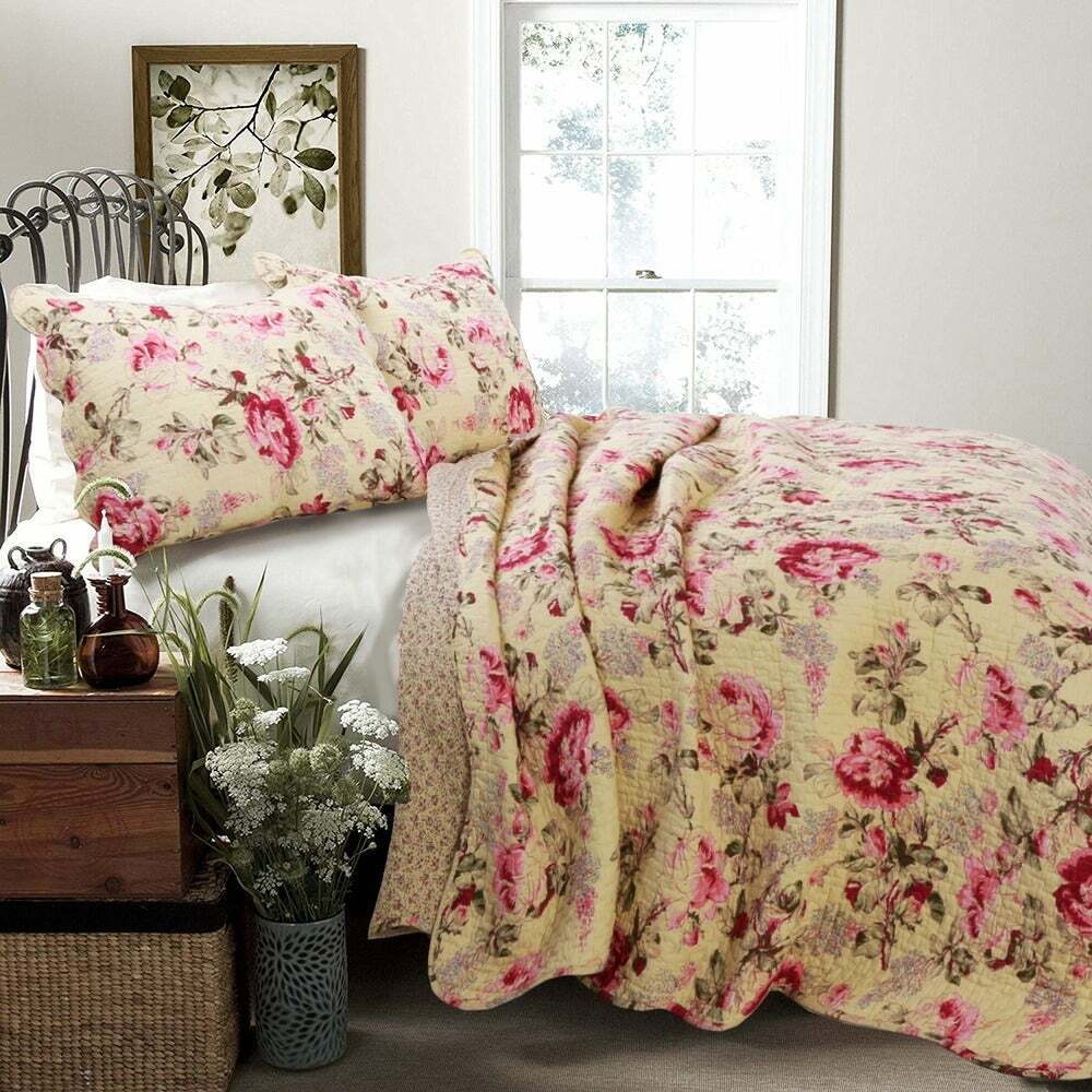 NEW~ COZY CHIC COTTAGE SHABBY PINK RED IVORY YELLOW GREEN FLORAL ROSE QUILT SET