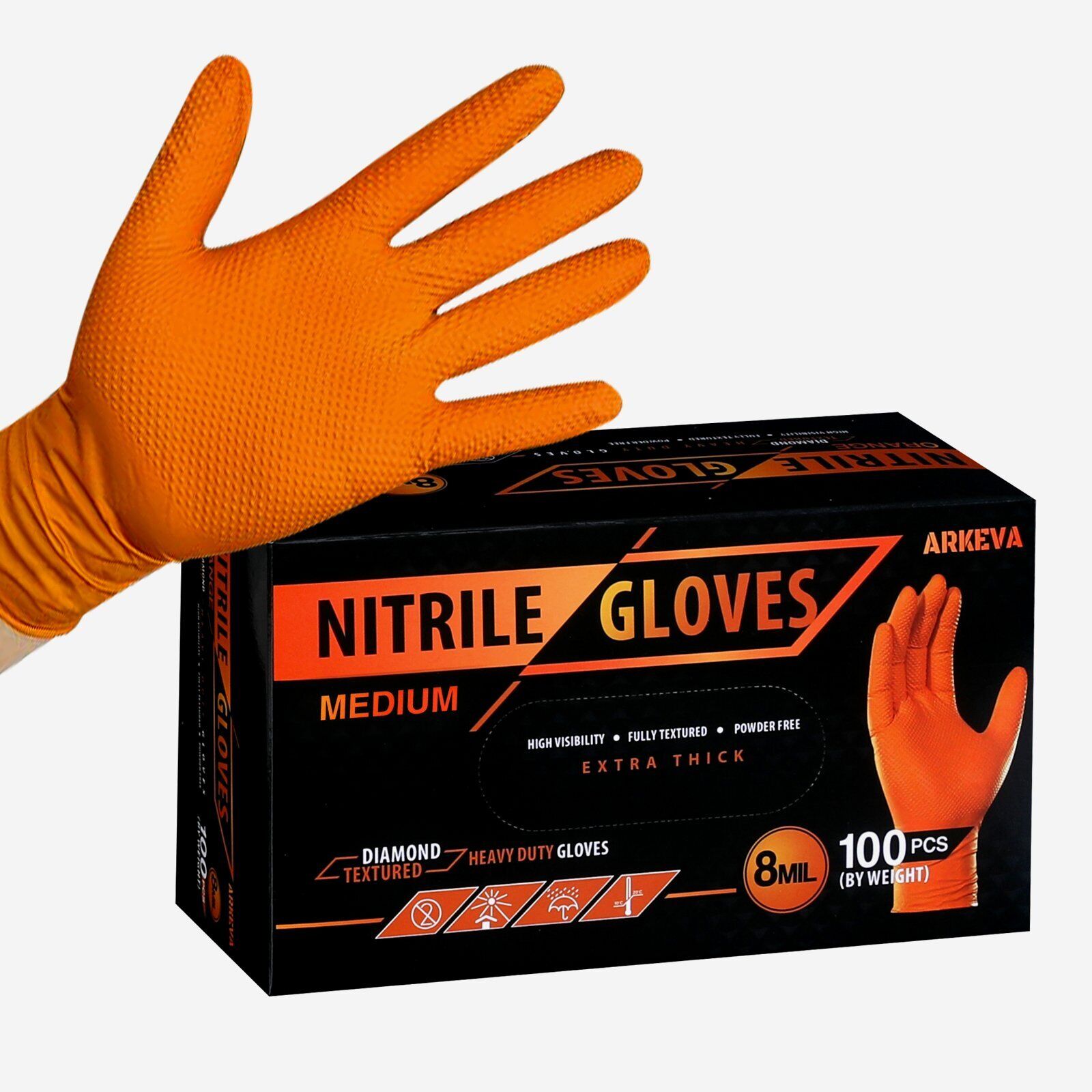 Heavy Duty Orange Industrial Nitrile Gloves with Raised Diamond Texture, 8-mil