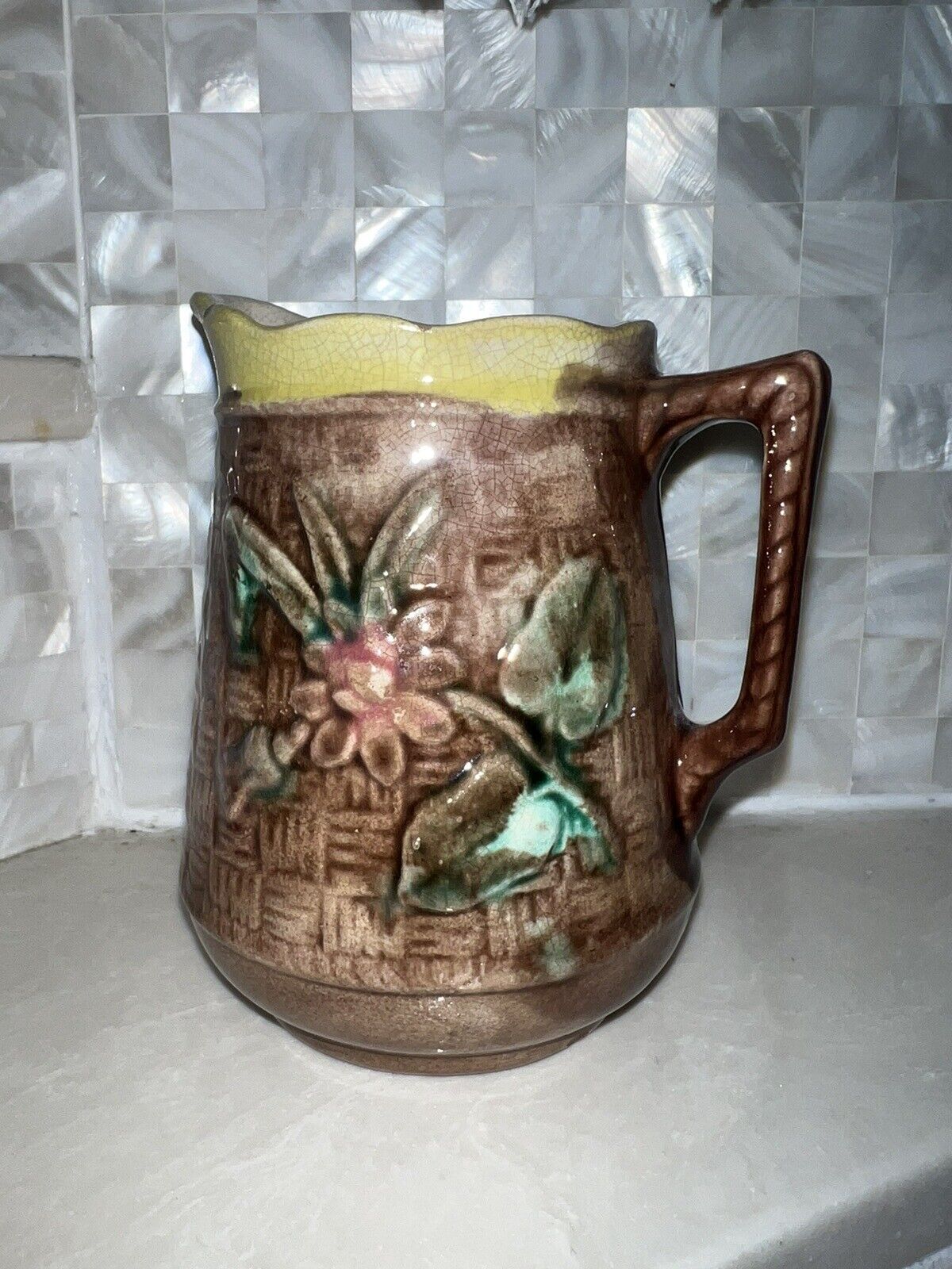 Antique Majolica Jug Or Small Pitcher Creamer Basket Weave With Lillies French