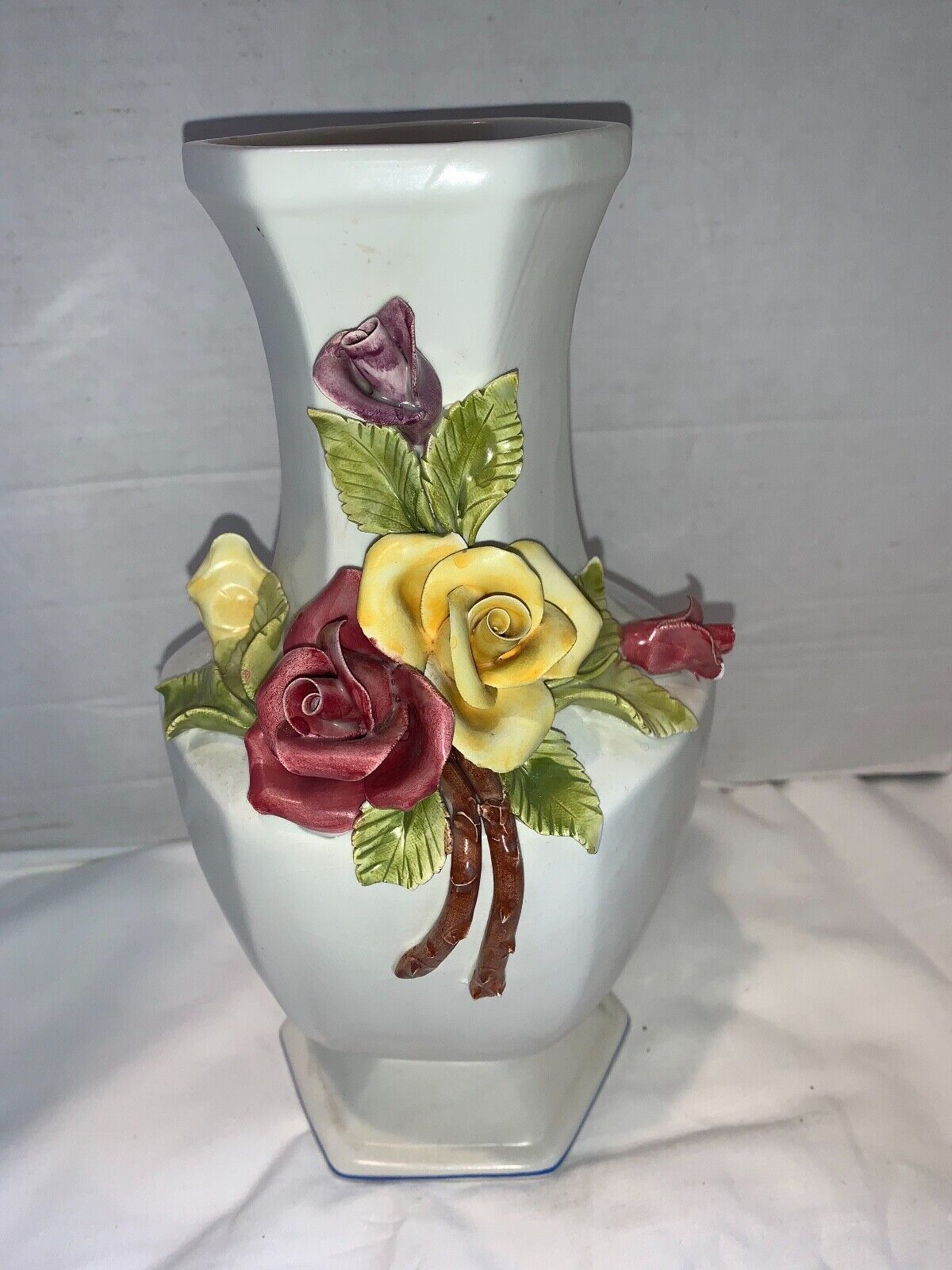 Italian Bassano Pottery Vase 3D Raised Flowers White Cream Multicolored Italy