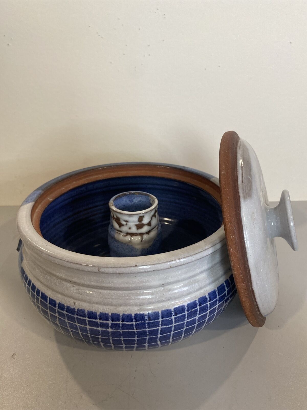 Vintage Steamer Stoneware Pottery Vegetable Steamer Rice Cooker Blue Checker