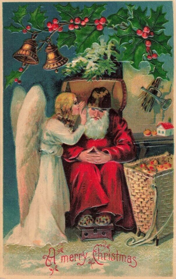 Santa Claus with Whispering Angel~Holly~Antique Embossed Christmas Postcard~h827