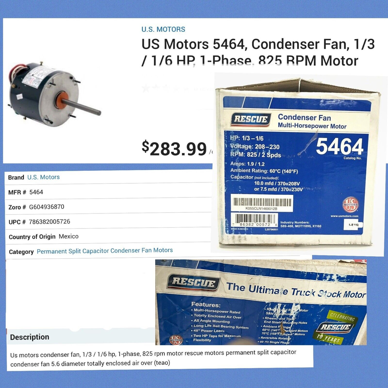 US Motors Rescue Condenser Fan Motor 5464 1/3 - 1/6 HP Motor for 370V Capacitors