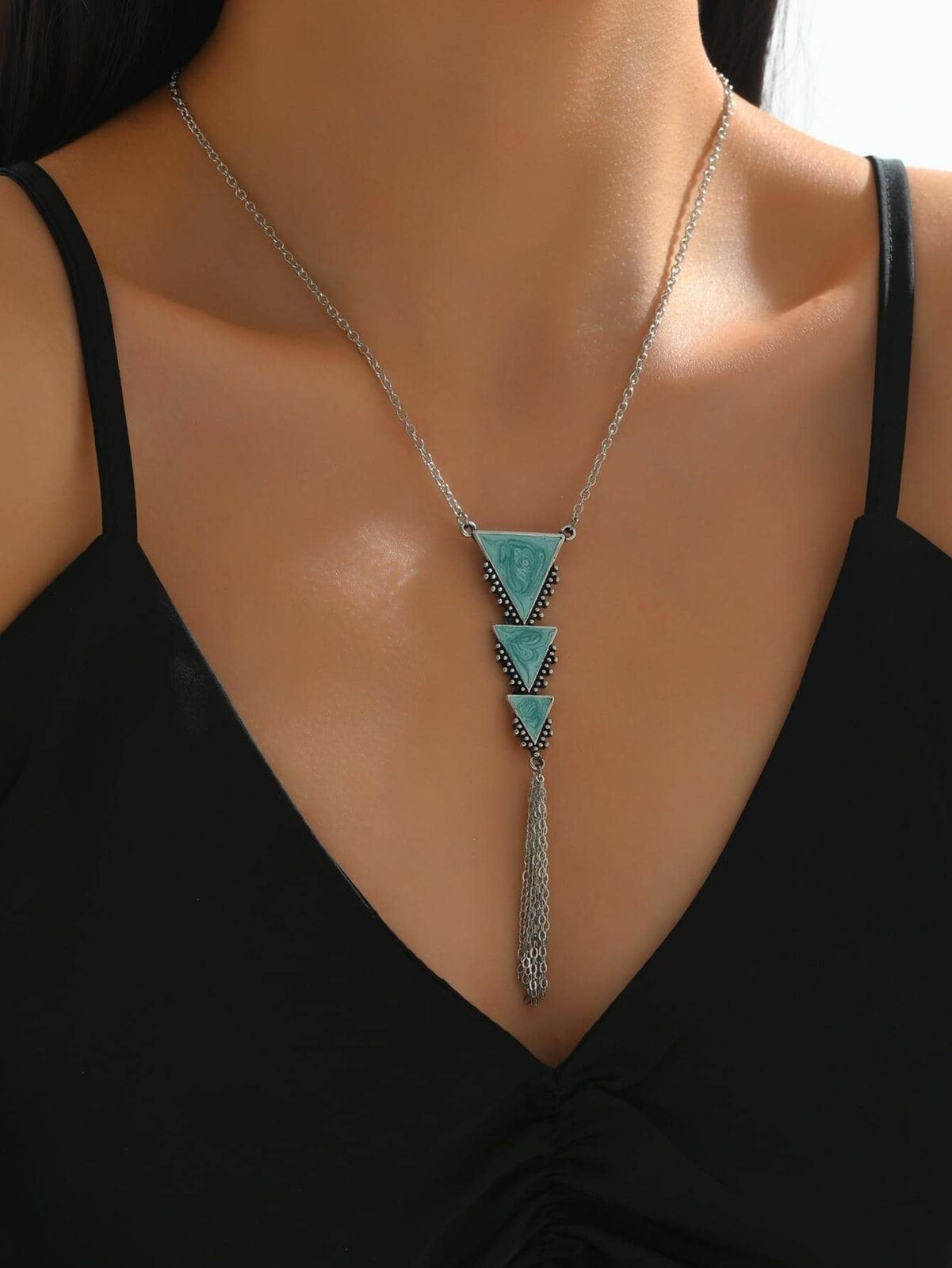 1pc Vintage Triangle & Chain Tassel Decor Pendant Necklace Bohemian Jewelry