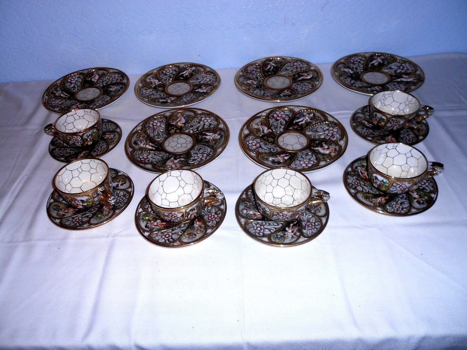 Atq. Capodimonte Cup, Saucer & Plate Set(s) Handpainted Embossed Figures 18 Pcs.