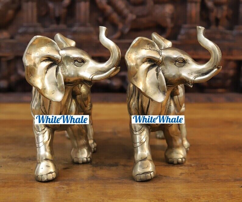 Pair of Brass Leaf Carved Elephant in Glazing Aura Finish Good Luck Figure