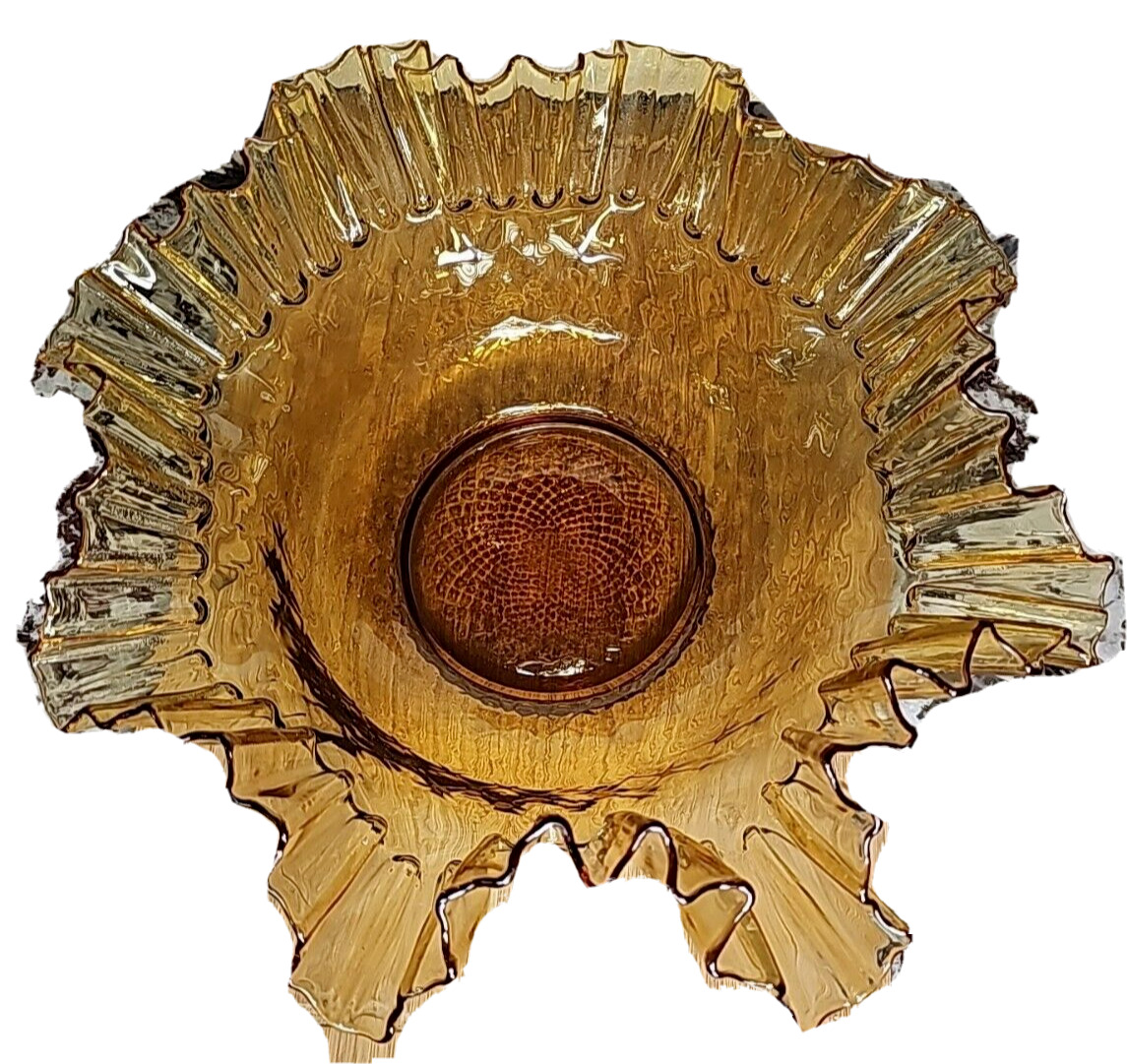 Fenton, Vintage Amber Ruffled Thumbprint Bowl Crimped Edge 14\