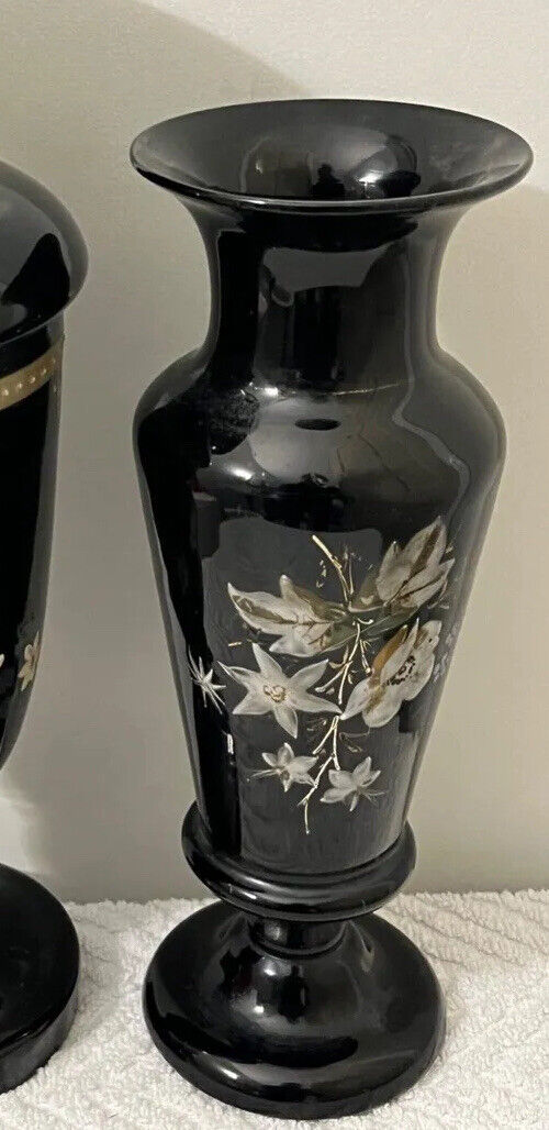 Vintage Black Opaque Bristol Glass Vase Beautiful Hand Painted Floral Design