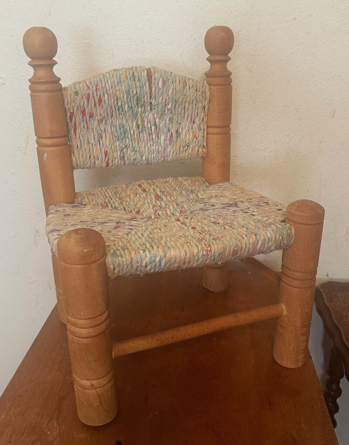 Antique Vintage Wooden Child\'s Children\'s Chair w Woven Fabric Seat & Back