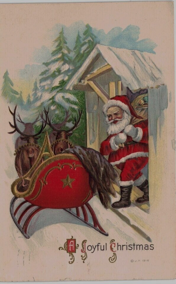 Santa Claus with Sled~Reindeer~Antique ~Embossed~Christmas Postcard~h823