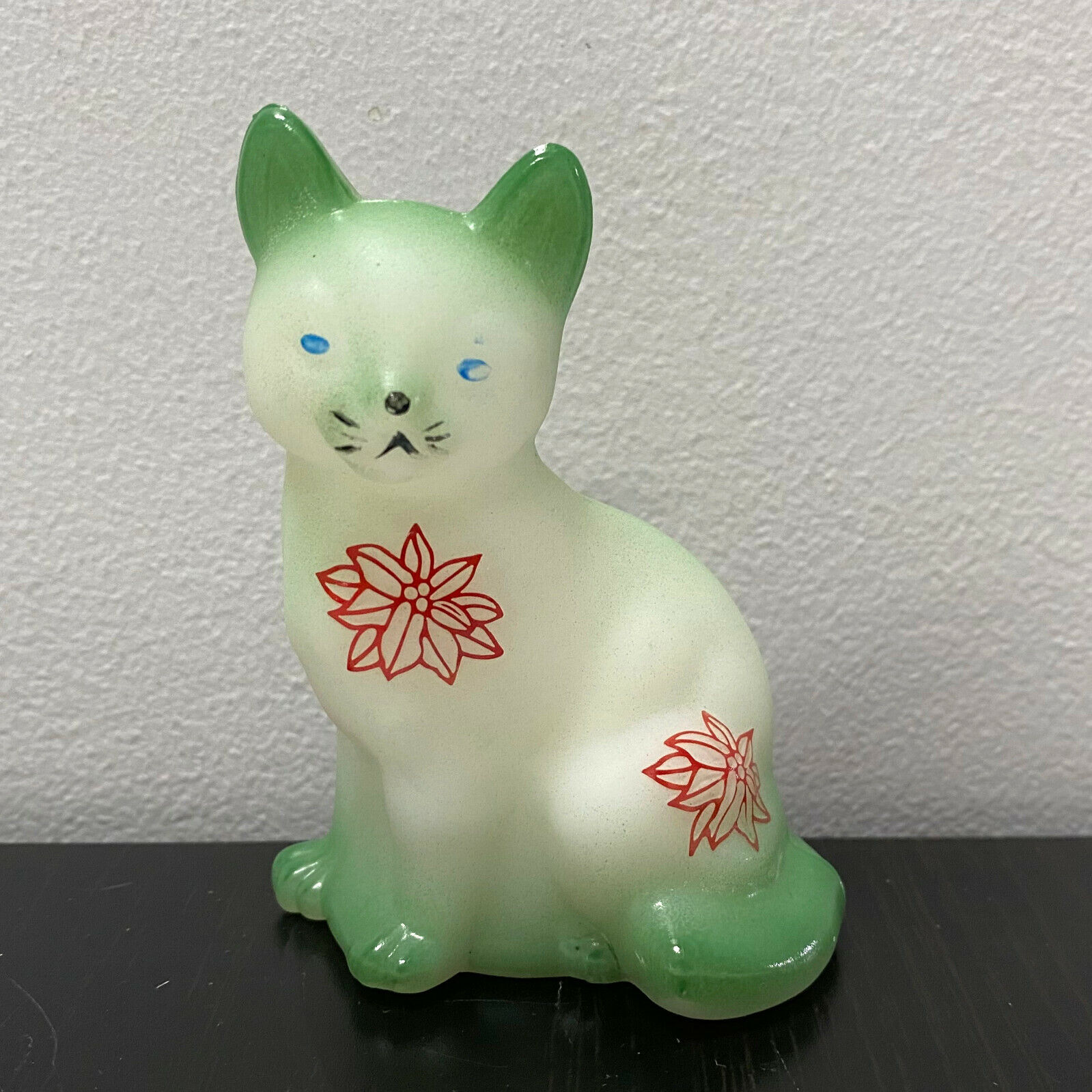 Fenton Glass Opal Satin Sitting Cat HP Red Poinsettia Rosso Sample Limited Ed.