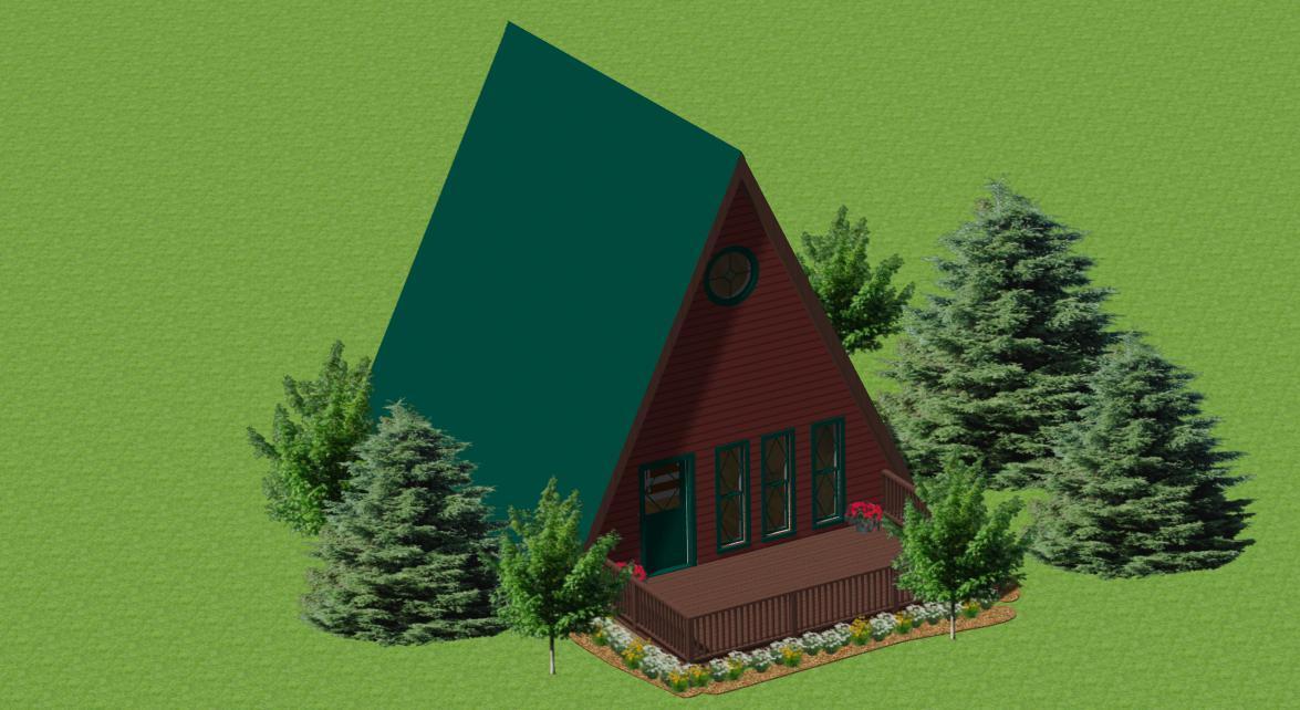 A-Frame Cabin Plans 800 sq. ft. with upper bedroom, outdoor deck 
